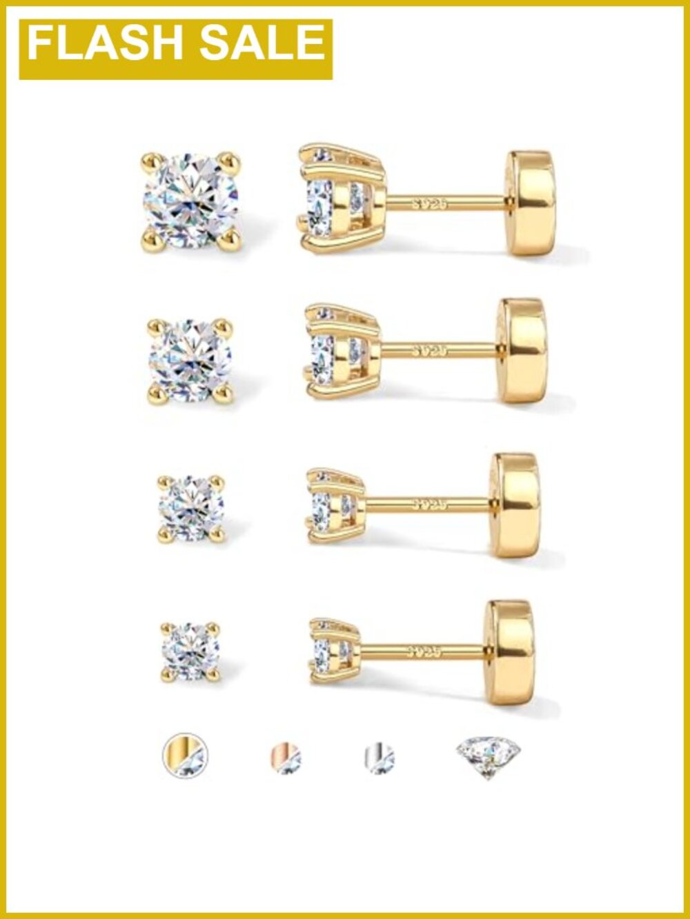 Moissanite Stud Earrings Flat Back 925 Sterling Silver 14K Gold Plated Set of 4